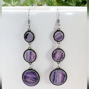 Purple Round Triple Stacked Dangle Earrings New